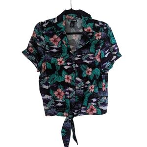 Hot Topic Tropical Button Down Shirt - Black, Pink, and Green